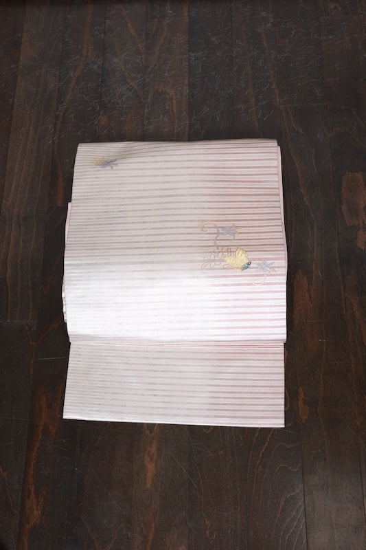 Nagoya obi (used sash) - Silver, champagne pink, gold, horizontal stripes, butterfly, flower, mother-of-pearl inlay - R22