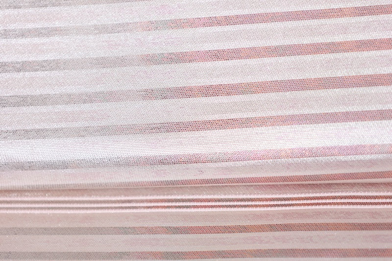 Nagoya obi (used sash) - Silver, champagne pink, gold, horizontal stripes, butterfly, flower, mother-of-pearl inlay - R22