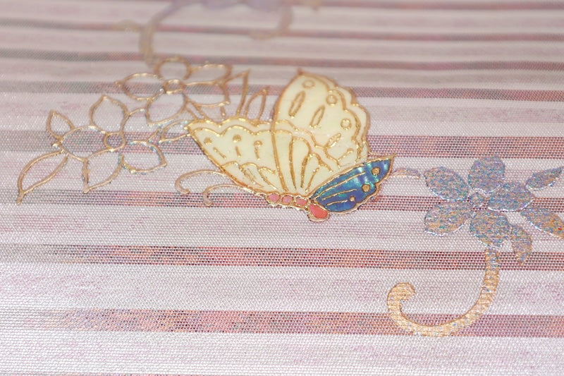 Nagoya obi (used sash) - Silver, champagne pink, gold, horizontal stripes, butterfly, flower, mother-of-pearl inlay - R22