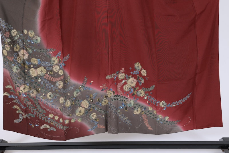 Japanese kimono used(formal kimono) - Wine, Gold, Ink, Green, Brown, Blue - B1477
