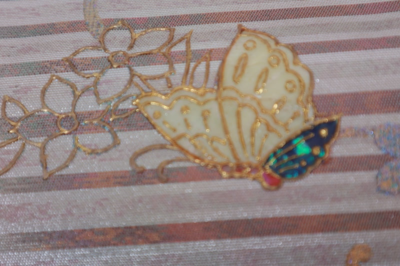 Nagoya obi (used sash) - Silver, champagne pink, gold, horizontal stripes, butterfly, flower, mother-of-pearl inlay - R22