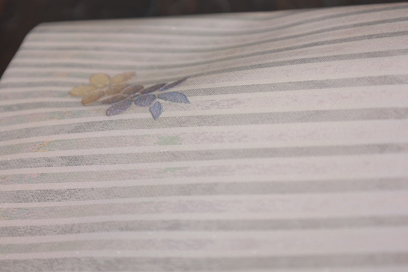 Nagoya obi (used sash) - Silver, champagne pink, gold, horizontal stripes, butterfly, flower, mother-of-pearl inlay - R22