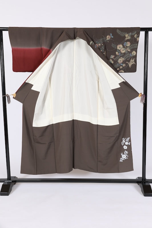Japanese kimono used(formal kimono) - Wine, Gold, Ink, Green, Brown, Blue - B1477
