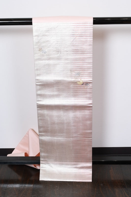 Nagoya obi (used sash) - Silver, champagne pink, gold, horizontal stripes, butterfly, flower, mother-of-pearl inlay - R22