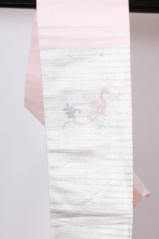 Nagoya obi (used sash) - Silver, champagne pink, gold, horizontal stripes, butterfly, flower, mother-of-pearl inlay - R22