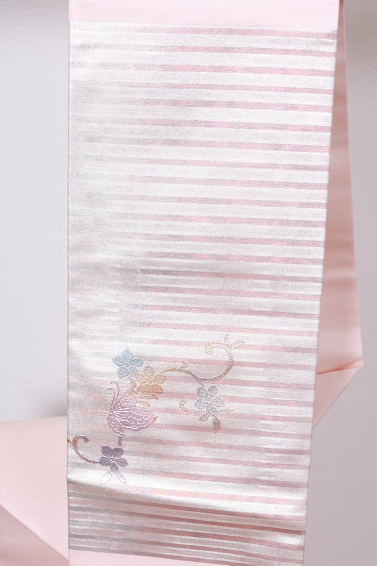 Nagoya obi (used sash) - Silver, champagne pink, gold, horizontal stripes, butterfly, flower, mother-of-pearl inlay - R22