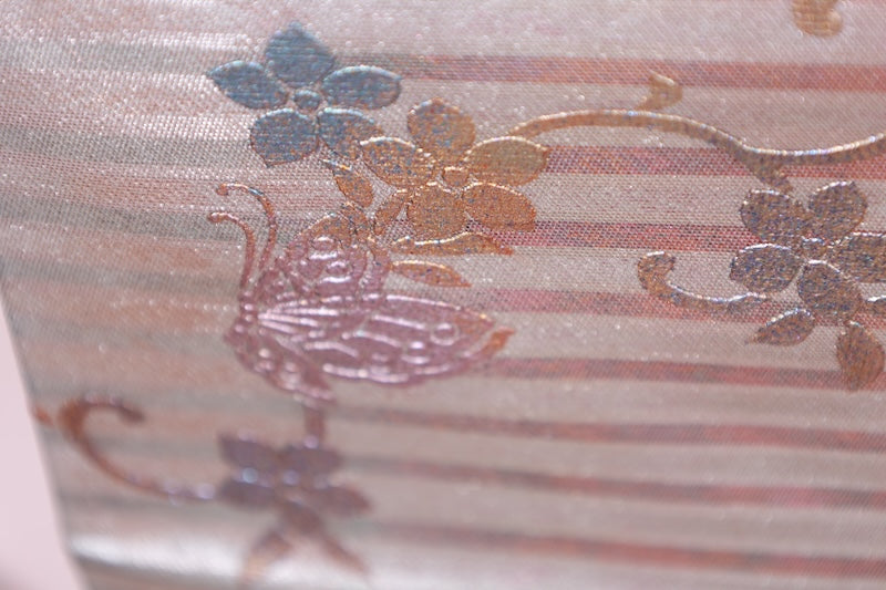 Nagoya obi (used sash) - Silver, champagne pink, gold, horizontal stripes, butterfly, flower, mother-of-pearl inlay - R22