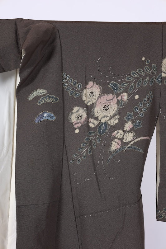 Japanese kimono used(formal kimono) - Wine, Gold, Ink, Green, Brown, Blue - B1477