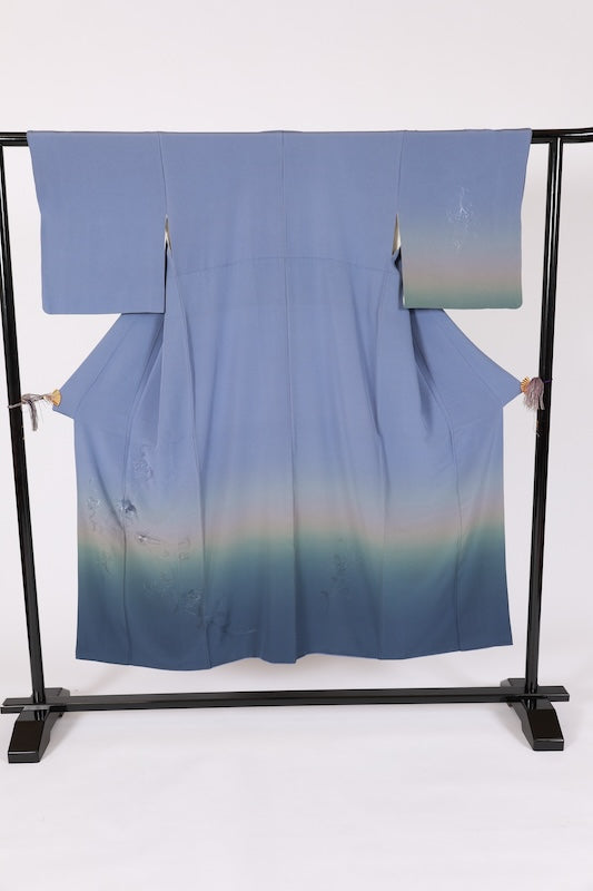 Japanese kimono used, light purple, green, gray, floral pattern, Shantou embroidery, B1471