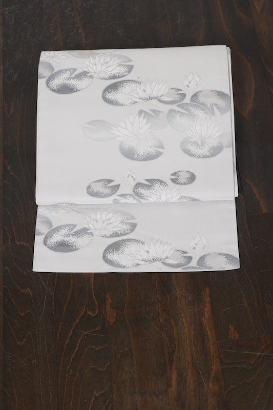 Nagoya obi (used sash), shades of gray, lotus flower pattern, R217