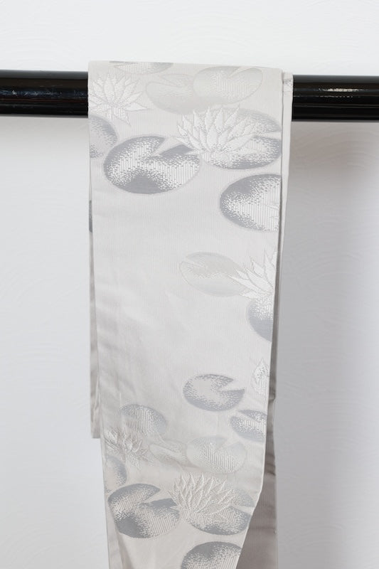 Nagoya obi (used sash), shades of gray, lotus flower pattern, R217