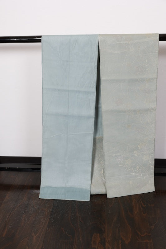 Summer obi (used sash), sheer fabric, light green, gold, silver, floral pattern, R219