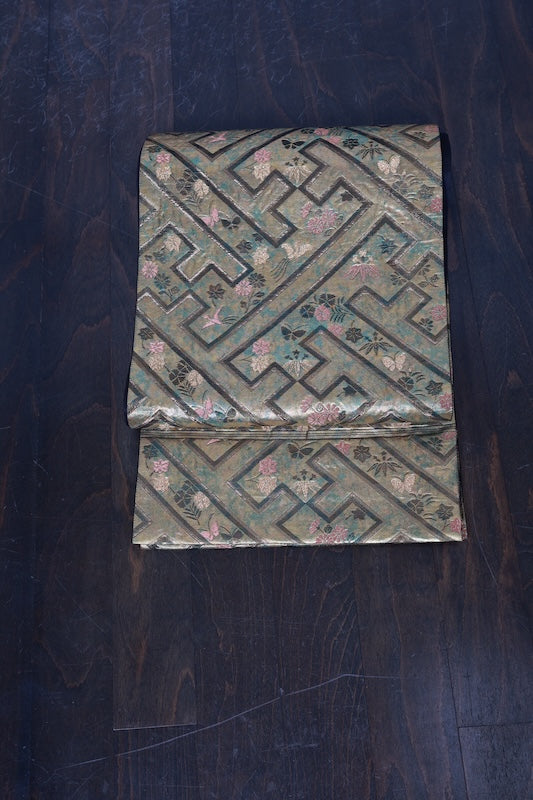 Fukuro obi (formal used sash), gold, bronze, brown, gold leaf, burnt silver, raised weave, R232