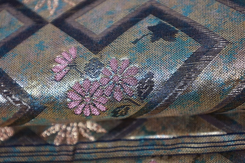 Fukuro obi (formal used sash), gold, bronze, brown, gold leaf, burnt silver, raised weave, R232
