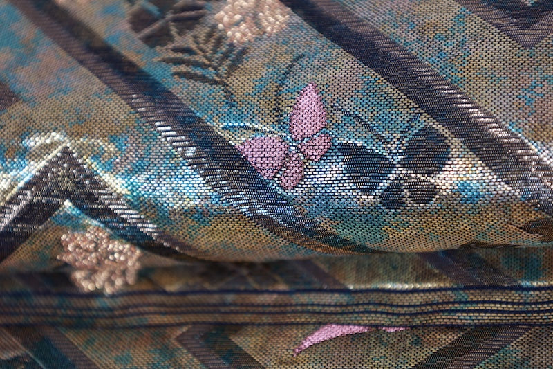 Fukuro obi (formal used sash), gold, bronze, brown, gold leaf, burnt silver, raised weave, R232