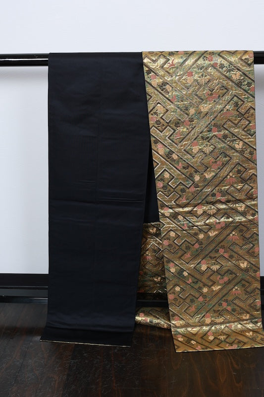 Fukuro obi (formal used sash), gold, bronze, brown, gold leaf, burnt silver, raised weave, R232