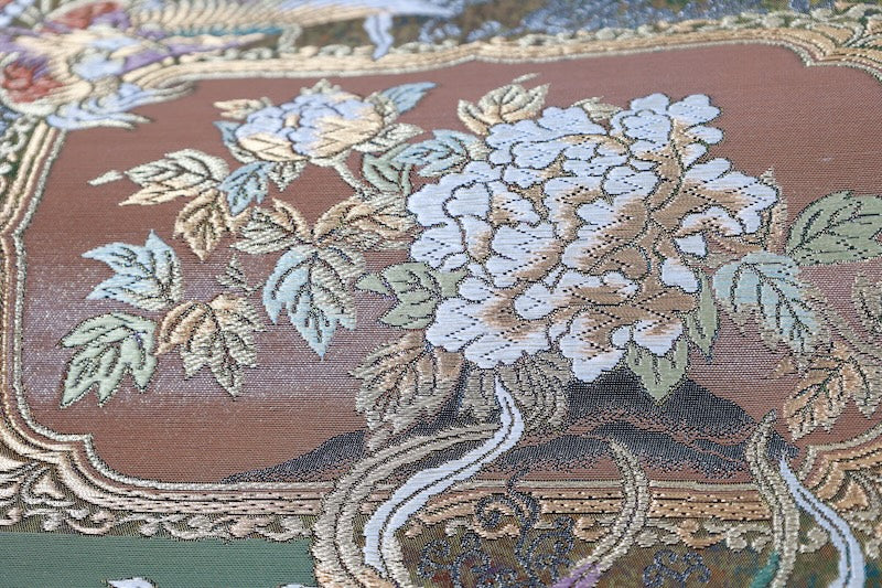 New, unstitched fukuro obi (formal sash). Gold, purple, black, and white. Features phoenixes, butterflies, and flowers. R231