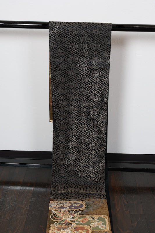 New, unstitched fukuro obi (formal sash). Gold, purple, black, and white. Features phoenixes, butterflies, and flowers. R231
