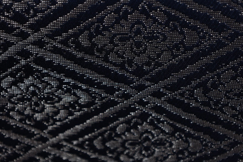 New, unstitched fukuro obi (formal sash). Gold, purple, black, and white. Features phoenixes, butterflies, and flowers. R231