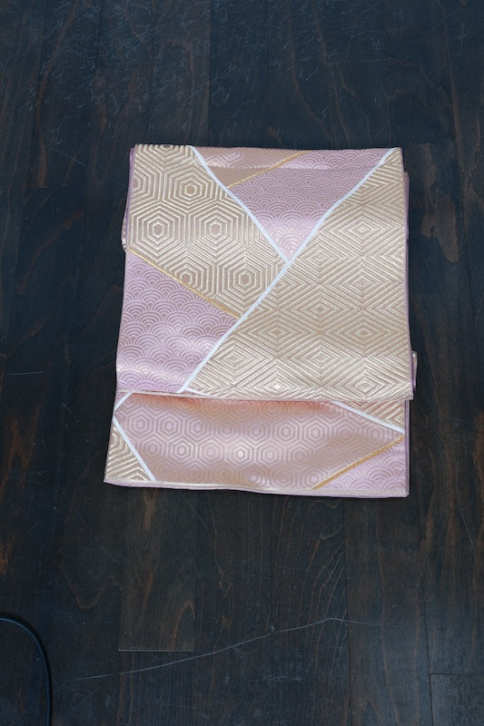 Fukuro obi (used sash), gold, light pink, seigaiha (wave pattern), rhombus, tortoise shell pattern, R230