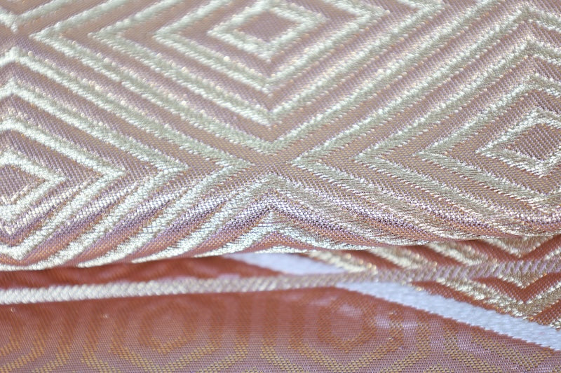 Fukuro obi (used sash), gold, light pink, seigaiha (wave pattern), rhombus, tortoise shell pattern, R230