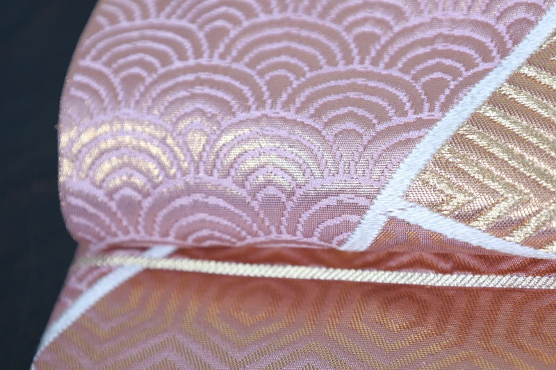 Fukuro obi (used sash), gold, light pink, seigaiha (wave pattern), rhombus, tortoise shell pattern, R230