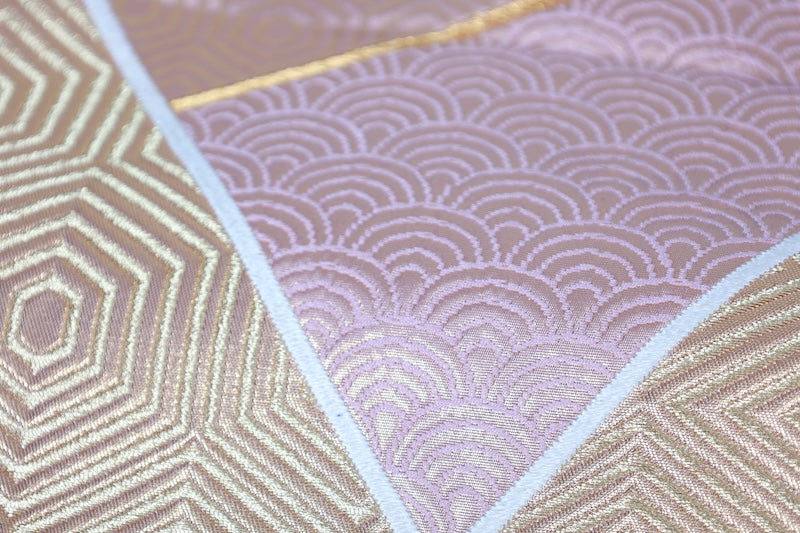 Fukuro obi (used sash), gold, light pink, seigaiha (wave pattern), rhombus, tortoise shell pattern, R230