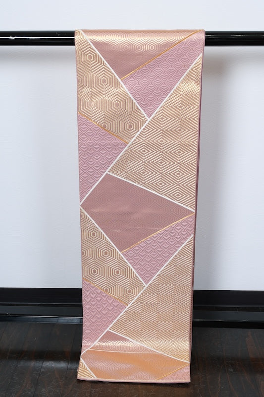 Fukuro obi (used sash), gold, light pink, seigaiha (wave pattern), rhombus, tortoise shell pattern, R230