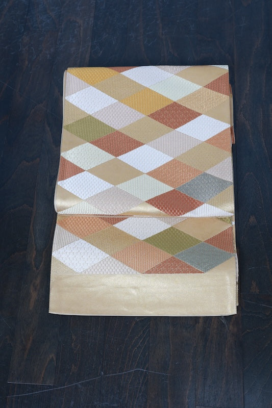 New, unfinished fukuro obi (formal sash), Asano Textile, gold, shades of brown, green, blue, white, R236