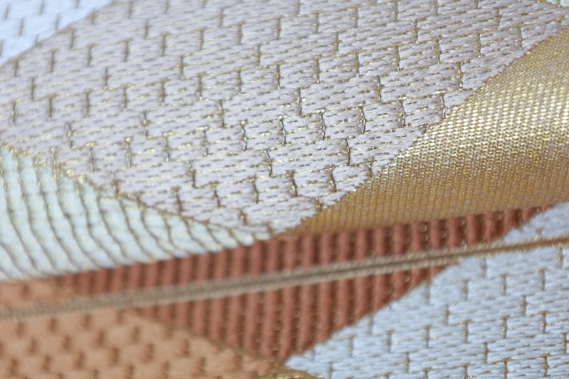 New, unfinished fukuro obi (formal sash), Asano Textile, gold, shades of brown, green, blue, white, R236