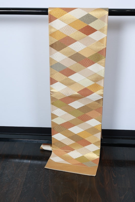 New, unfinished fukuro obi (formal sash), Asano Textile, gold, shades of brown, green, blue, white, R236