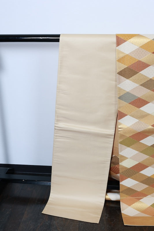 New, unfinished fukuro obi (formal sash), Asano Textile, gold, shades of brown, green, blue, white, R236