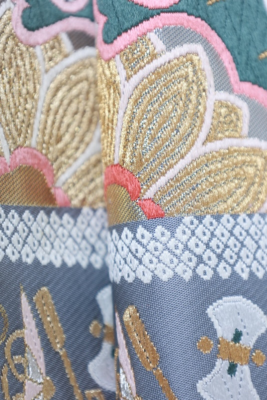 Brand new, unstitched fukuro obi (formal sash), Takashima Textile, silver, gold, shades of cherry blossom pink, purple, indigo, green, butterfly, cherry blossom, treasure motif, hikkuda pattern, R235