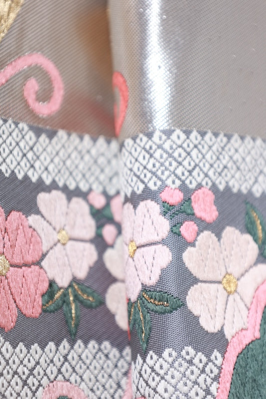 Brand new, unstitched fukuro obi (formal sash), Takashima Textile, silver, gold, shades of cherry blossom pink, purple, indigo, green, butterfly, cherry blossom, treasure motif, hikkuda pattern, R235
