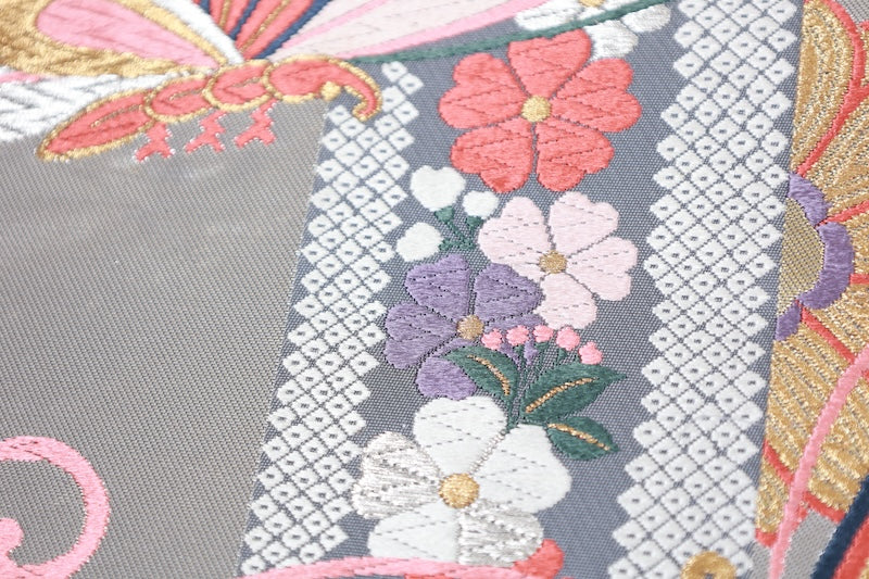 Brand new, unstitched fukuro obi (formal sash), Takashima Textile, silver, gold, shades of cherry blossom pink, purple, indigo, green, butterfly, cherry blossom, treasure motif, hikkuda pattern, R235