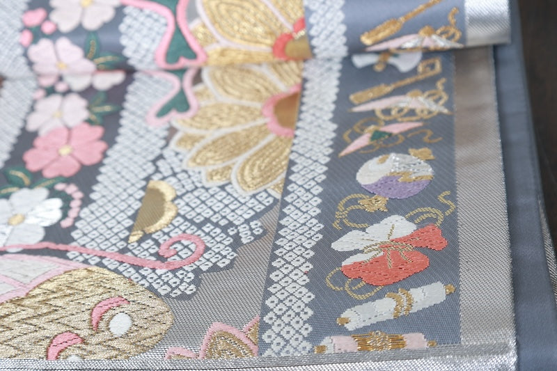Brand new, unstitched fukuro obi (formal sash), Takashima Textile, silver, gold, shades of cherry blossom pink, purple, indigo, green, butterfly, cherry blossom, treasure motif, hikkuda pattern, R235