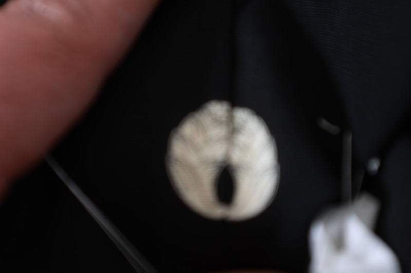 New, unused formal kimono (Tomesode). Black, gold, white, and gray. Rinpa style. Features include waves, fans, plum blossoms, chrysanthemums, grapes, maple leaves, and gold thread embroidery. Kyoto Yuzen dyeing. B1470