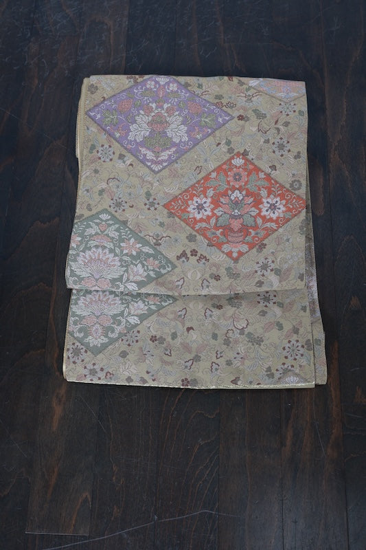 Brand new, unstitched obi (sash), Takashima Textile, diamond pattern, light green, purple, coral color, R229
