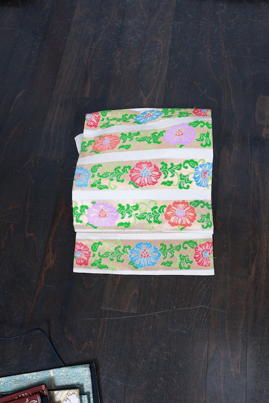 Nagoya obi (used sash), Tatsumura brand, gold, purple, green, red, blue, Nishijin weave, R228