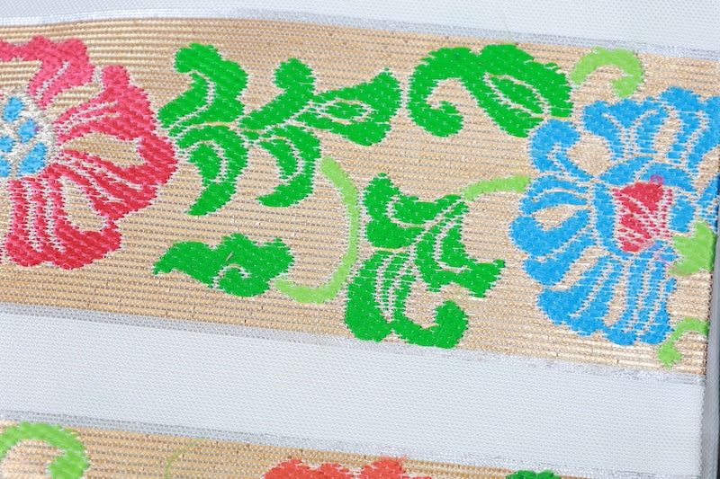 Nagoya obi (used sash), Tatsumura brand, gold, purple, green, red, blue, Nishijin weave, R228