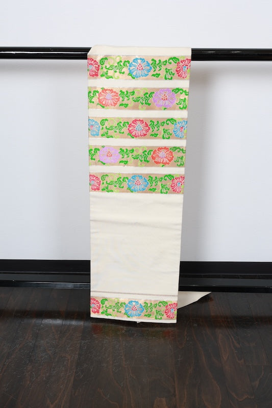 Nagoya obi (used sash), Tatsumura brand, gold, purple, green, red, blue, Nishijin weave, R228