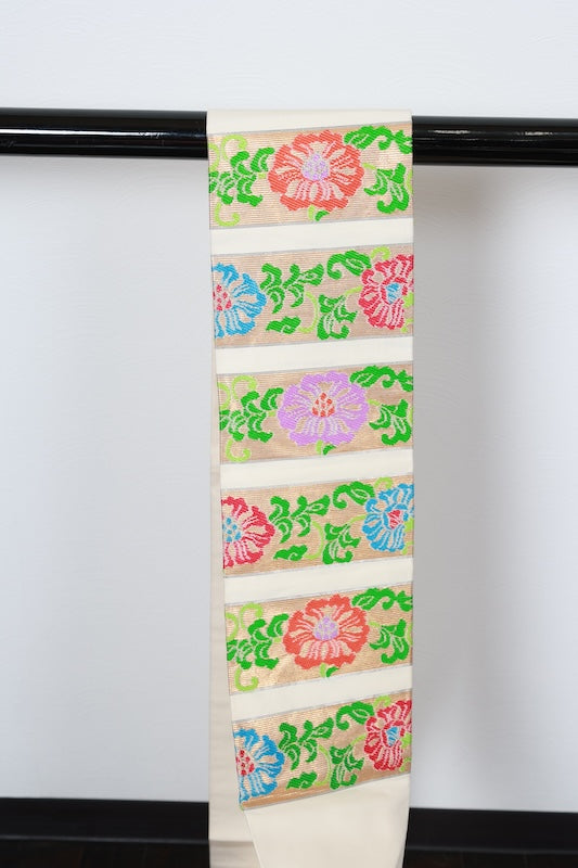 Nagoya obi (used sash), Tatsumura brand, gold, purple, green, red, blue, Nishijin weave, R228