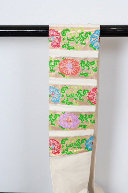 Nagoya obi (used sash), Tatsumura brand, gold, purple, green, red, blue, Nishijin weave, R228