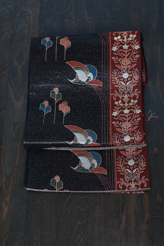 Fukuro obi (used sash): Black lacquer, gold, green, indigo, reddish-brown, floral pattern, bird design. R227