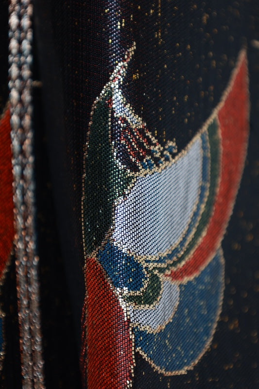 Fukuro obi (used sash): Black lacquer, gold, green, indigo, reddish-brown, floral pattern, bird design. R227