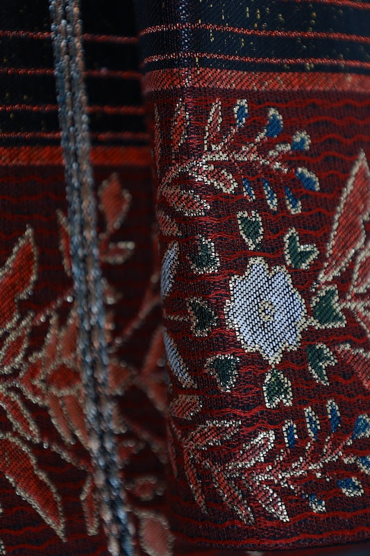Fukuro obi (used sash): Black lacquer, gold, green, indigo, reddish-brown, floral pattern, bird design. R227