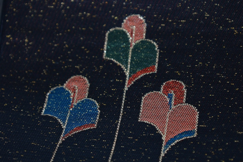 Fukuro obi (used sash): Black lacquer, gold, green, indigo, reddish-brown, floral pattern, bird design. R227