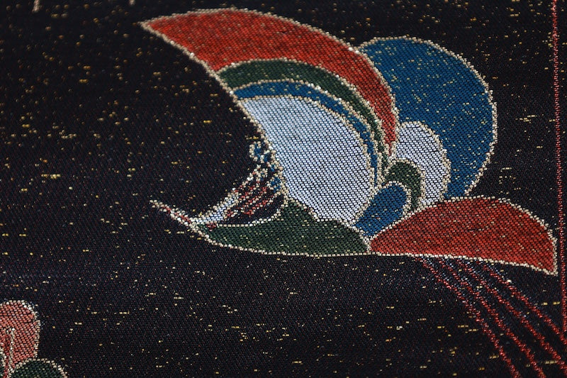 Fukuro obi (used sash): Black lacquer, gold, green, indigo, reddish-brown, floral pattern, bird design. R227