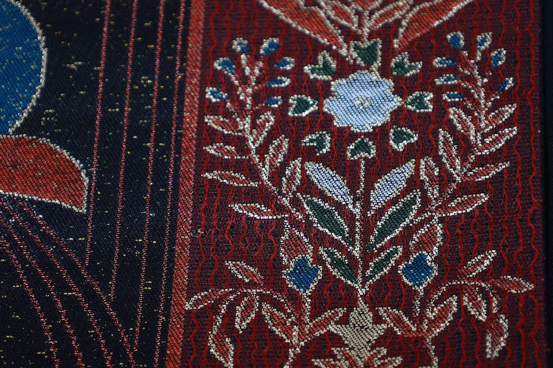 Fukuro obi (used sash): Black lacquer, gold, green, indigo, reddish-brown, floral pattern, bird design. R227