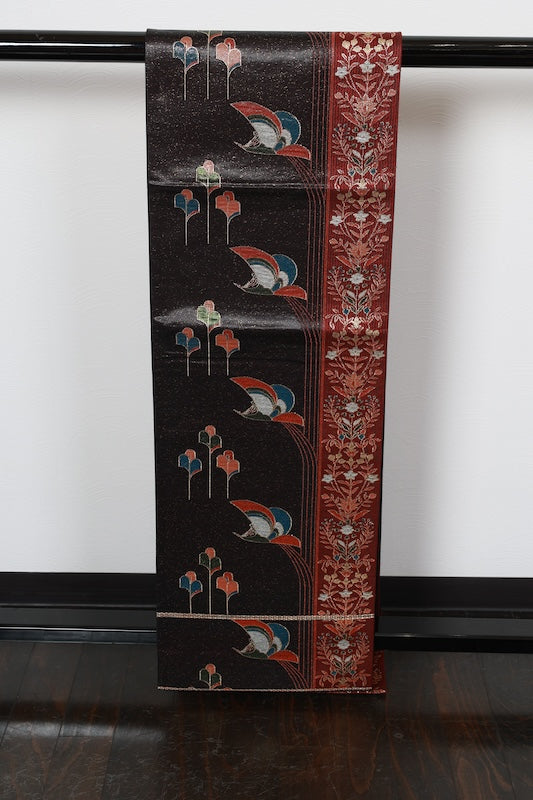 Fukuro obi (used sash): Black lacquer, gold, green, indigo, reddish-brown, floral pattern, bird design. R227